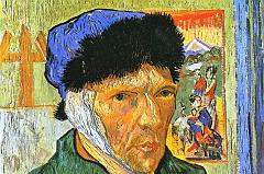 
Vincent van Gogh - Self-Portrait with Bandaged Ear. Arles, January 1889, 61 x 50 cm. On the night of December 23, 1888, Vincent van Gogh was drunk and upset that his friend Paul Gauguin was planning to leave. He waved a knife in Gauguin's face, then cut off a piece of his own ear and gave it to a prostitute. Gauguin quickly left for Paris, and van Gogh went to a hospital. A week later, Vincent looked in the mirror and saw a calm man with an unflinching gaze, dressed in a heavy coat (painted with thick, vertical strokes of blue and green) and fur-lined hat, and a slightly stained bandage over his ear.
